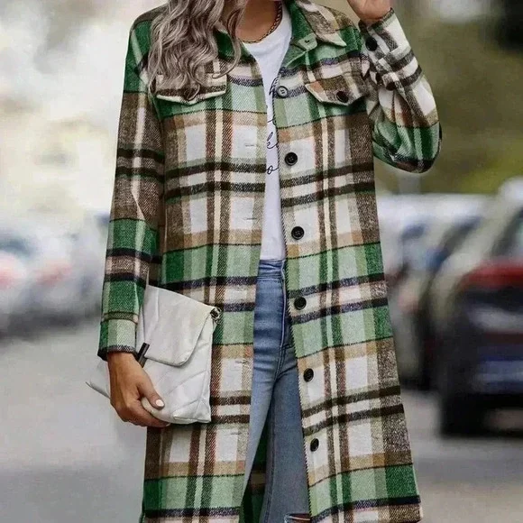 Green Elegant Women's Plaid Long Sleeve Button Up Flannel Shirt Shacket - Picture 3 of 4